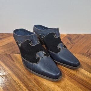 Vintage Y2K Navy Blue Leather Suede Western-style Mules with Stud Detail Size 7